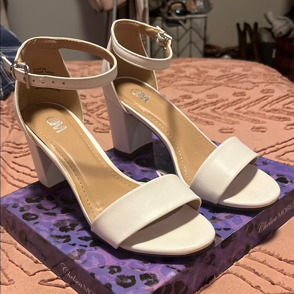 Elegant White Ankle-Strap Block Heels